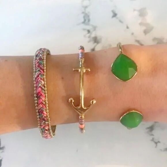 Stella & Dot Green Serenity Stone Cuff Bracelet Gold Tone Adjustable - Picture 7 of 9